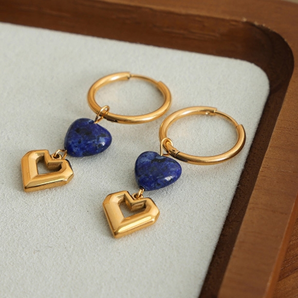 Heart Shape Lapis Lazuli Dangle Earrings - Picture 6 of 10